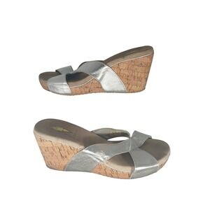 Volatile Silver Metallic Leather Cork Wedge Platform Sandals Womens Size 10